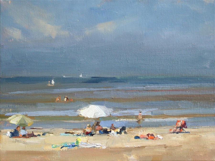 Unknown Artist Sunny at the beach white parasol